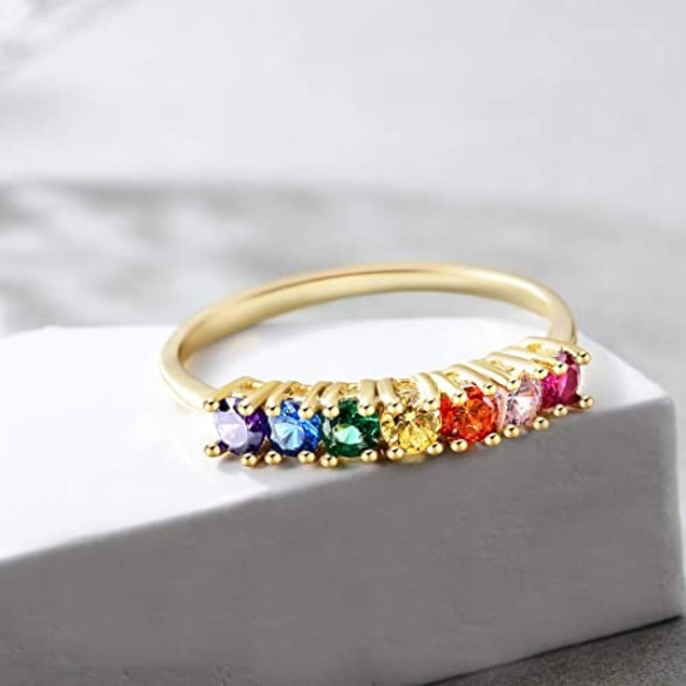 18K Gold Plated Rainbow Colorful CZ Stones Size 8